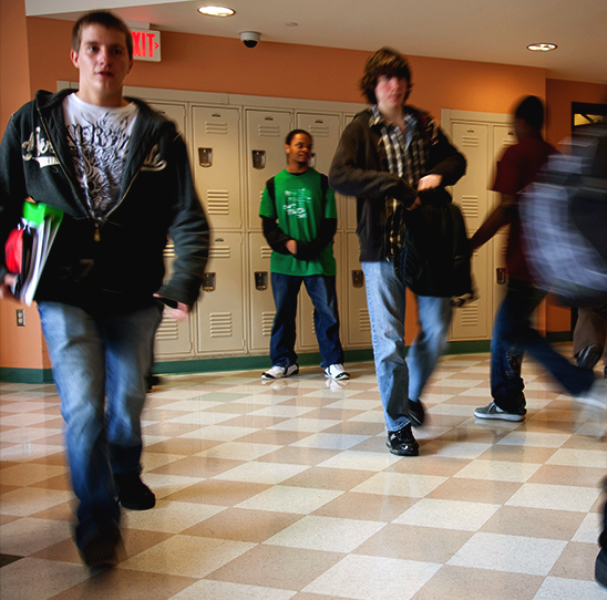 Students in high school hallway