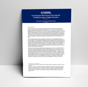 The report explores the impact of race-specific state higher education funding policies in Minnesota, New Jersey, and North Carolina. It examines how these policies aim to dismantle racial inequities by directing resources toward Black, Latinx, and Indigenous students and the institutions that serve them. The research highlights the challenges and successes of outcomes-based funding and tuition discount programs in addressing racial disparities in college access and success. It emphasizes the importance of prioritizing equity at both the student and institutional levels. Key findings include the positive impact of race-explicit metrics in funding formulas. These metrics have demonstrably steered resources toward under-resourced students and institutions serving diverse populations. However, the report also acknowledges the difficulties faced by Minority-Serving institutions and HBCUs when competing for funds under zero-sum models that limit overall resources. Additionally, the study explores the potential consequences of Promise programs on neighboring states, highlighting concerns about enrollment shifts and the need to consider the impact on community colleges. The recommendations emerging from the research urge policymakers to consider the full ecosystem of postsecondary institutions when designing funding initiatives, ensuring that funding programs are additive rather than overlapping to maximize outcomes. The report also emphasizes the importance of supporting additional costs of college in Promise programs to promote equity for students affected by systemic barriers. Furthermore, funding basic needs support and conducting needs assessments are recommended to ensure that initiatives effectively address pertinent needs and promote student success. More research is needed. The report suggests following the implementation of initiatives in North Carolina and Minnesota to assess their impact on racial disparities in completion. It also highlights the need to examine how institutions adjust their selection of optional metrics in outcomes-based funding formulas to better support marginalized student populations. Additionally, the study points toward the importance of exploring the intersection of outcomes-based funding and Promise programs to understand their implications on institutional funding and student success in higher education.